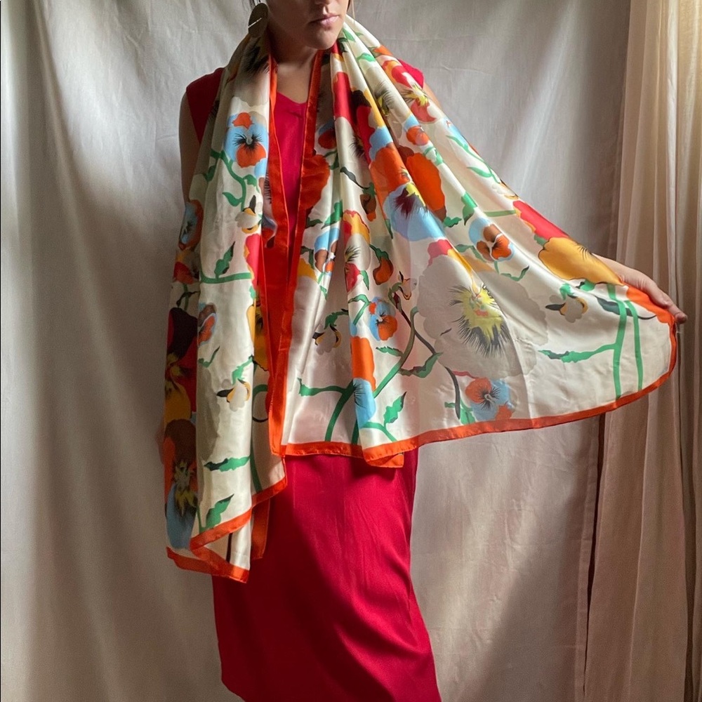 Vintage Kenzo Paris All Silk Scarf with Pansy Print